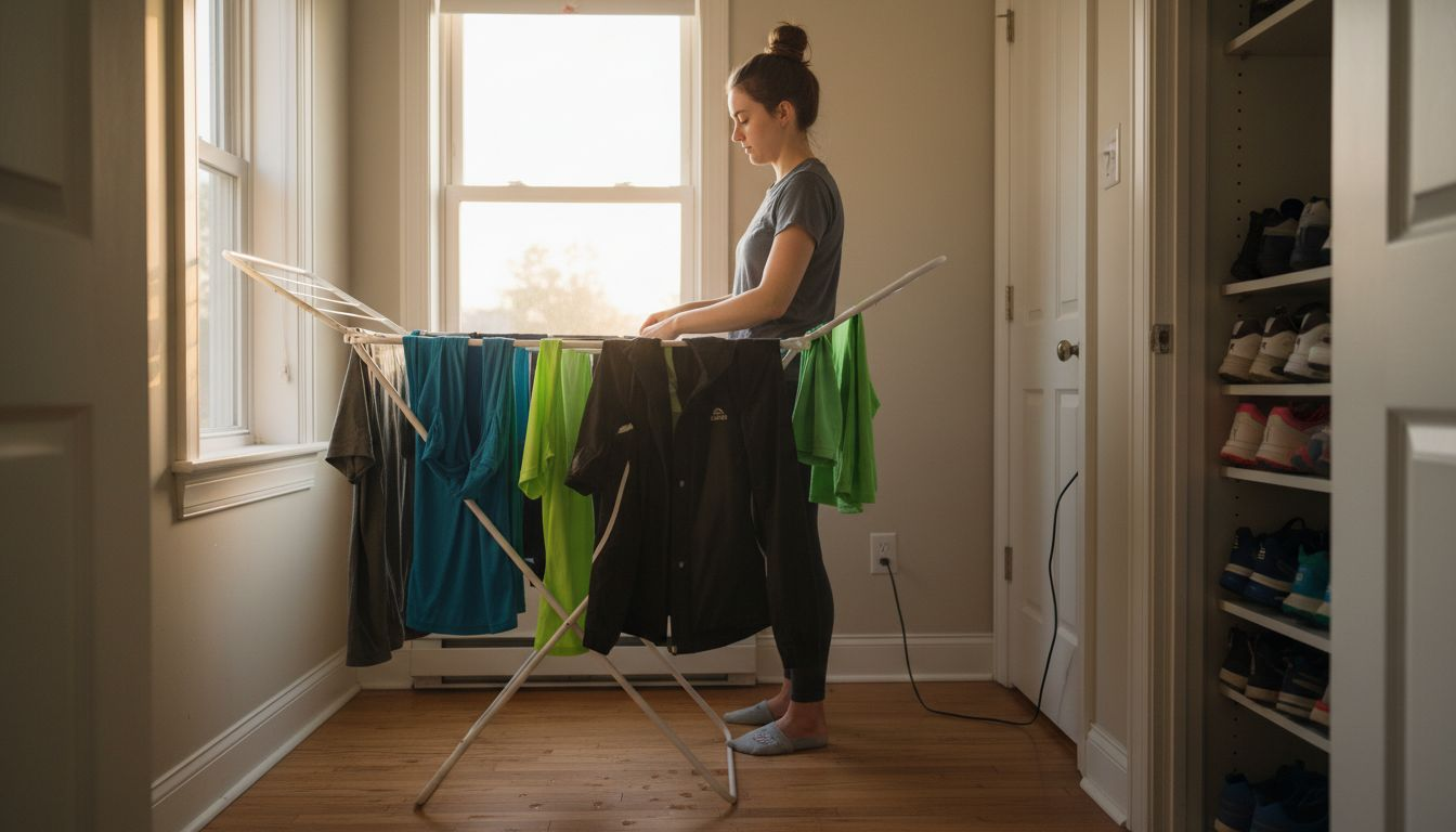 Woman air drying tech clothing indoors