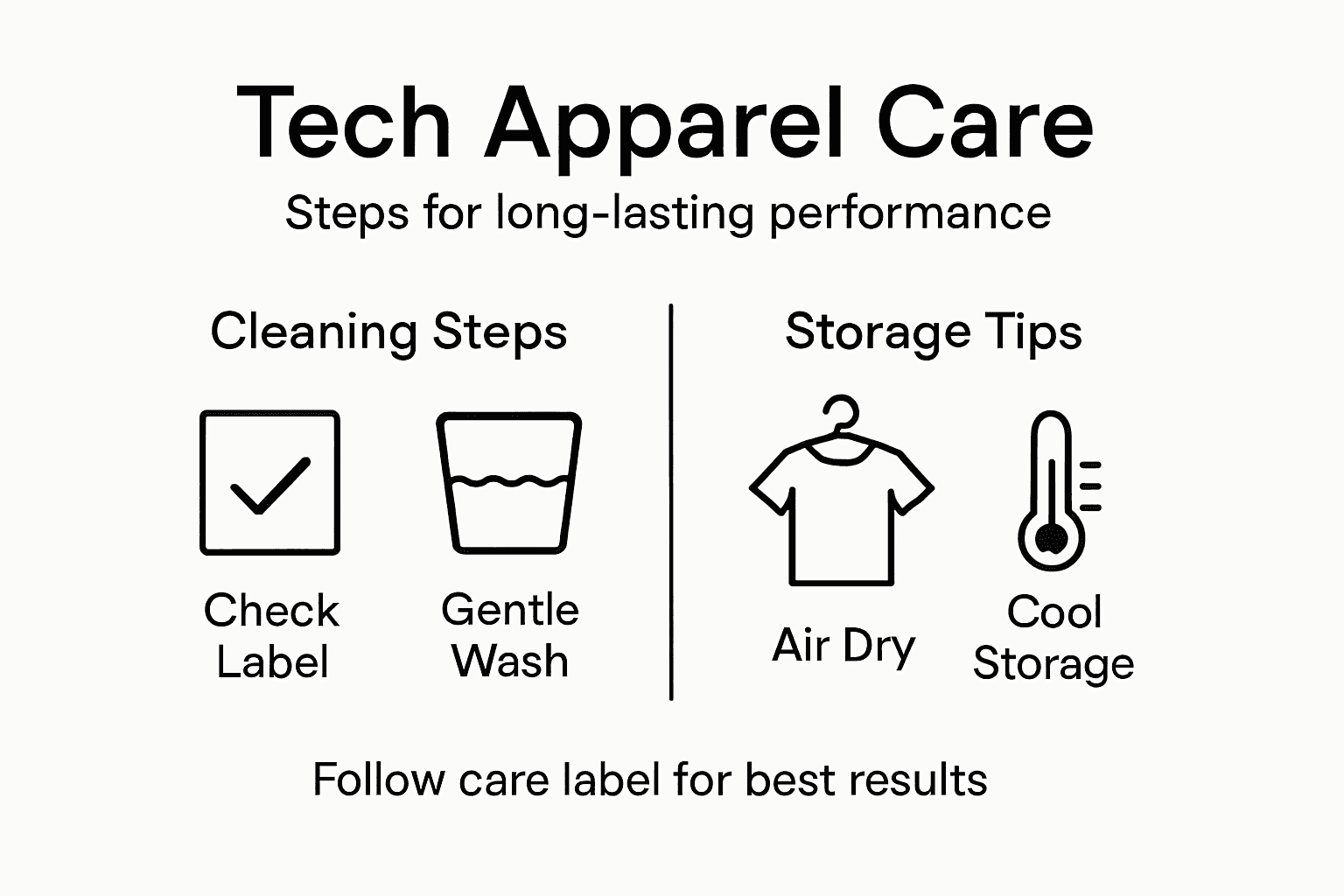 Infographic with tech apparel care steps and tips