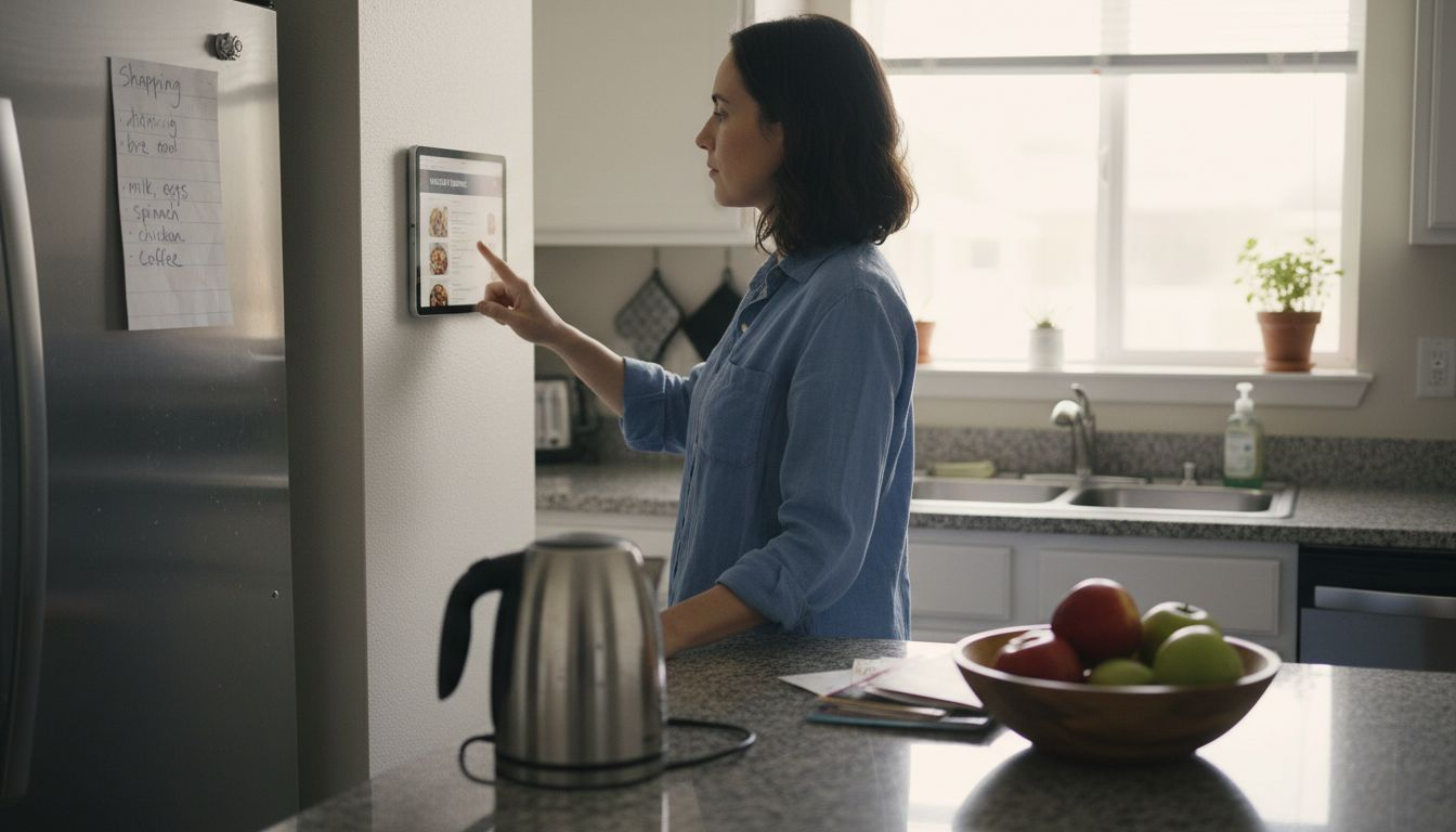 Woman using smart tech kitchen tablet