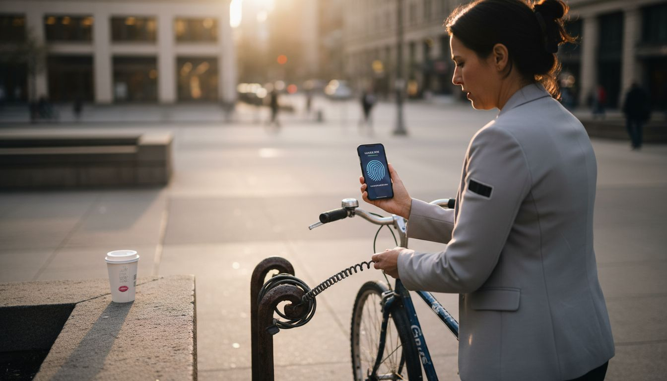 Woman unlocking bike in solar tech-wear