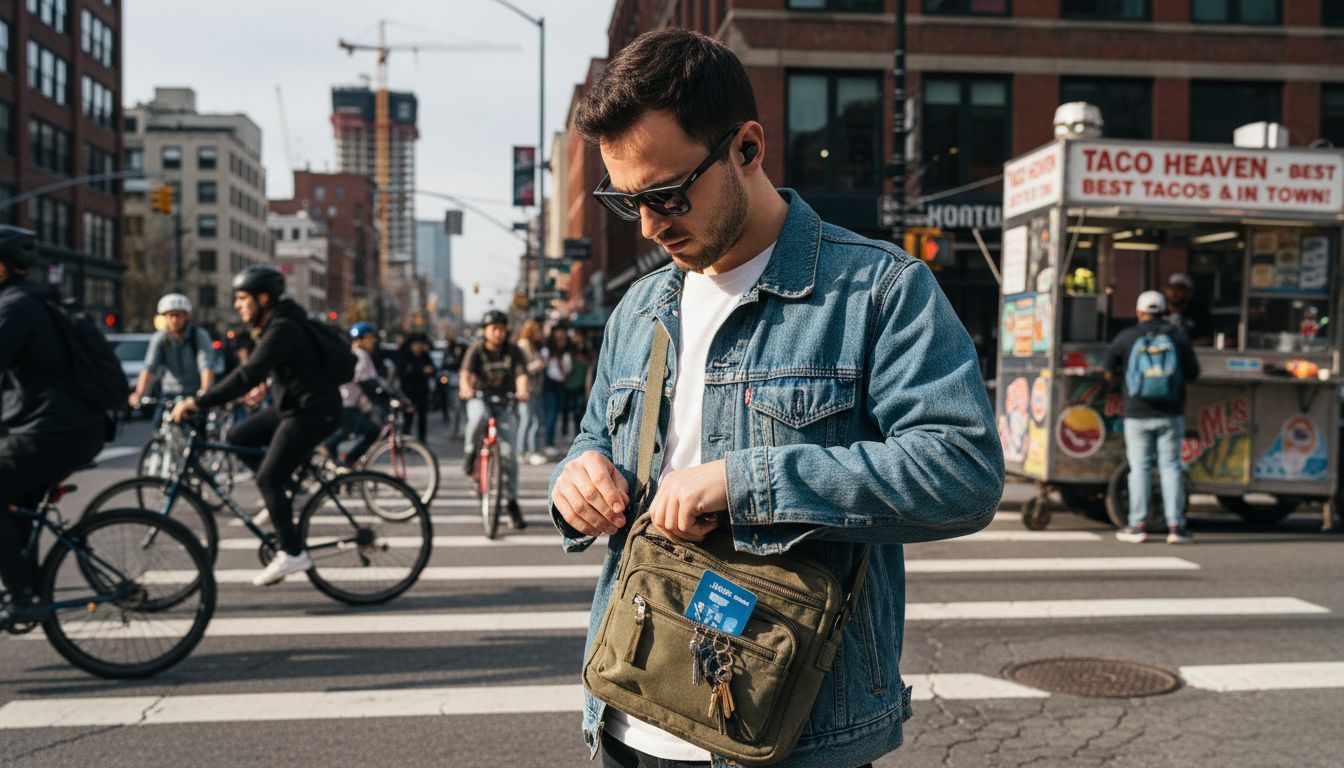 Man using smart glasses at city crosswalk