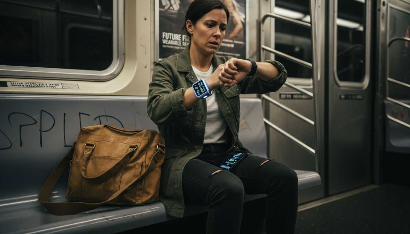 Woman using smart accessories on subway bench