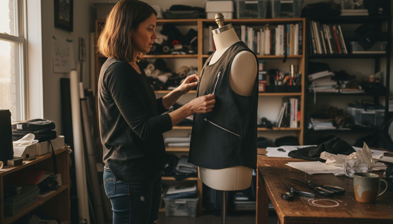 Designer evaluating tech wear pocket placement