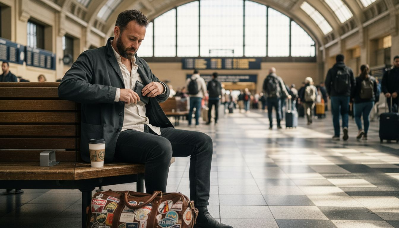 Traveler adjusts hidden RFID pocket on jacket