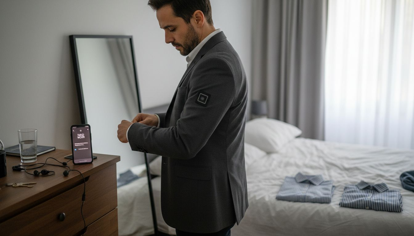 Man inspecting fashion-tech smart jacket in bedroom