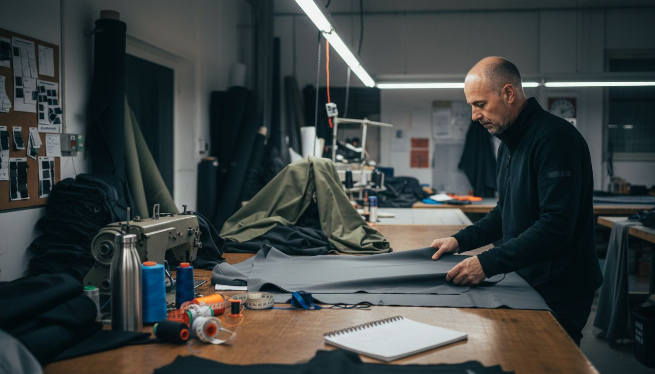 Technician in workshop inspects seamless techwear fabric
