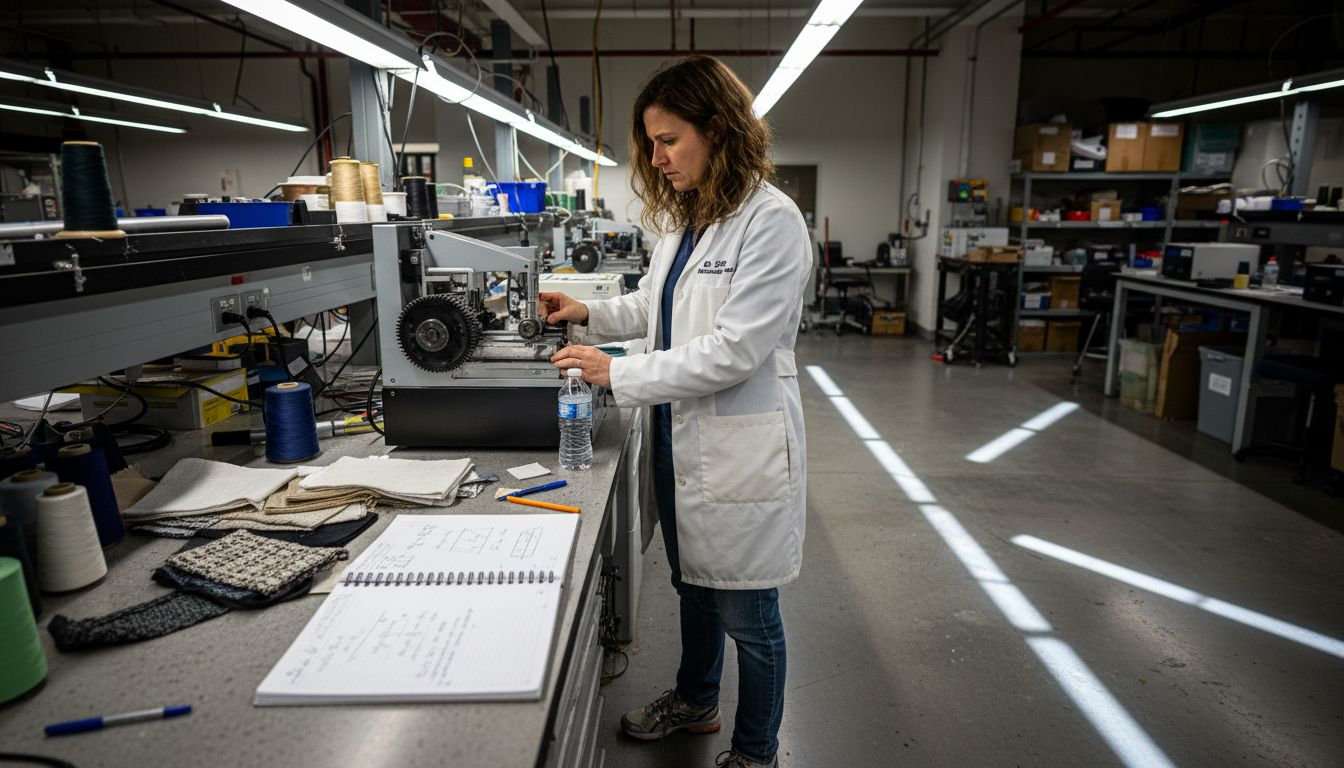 Scientist testing fabrics in research lab