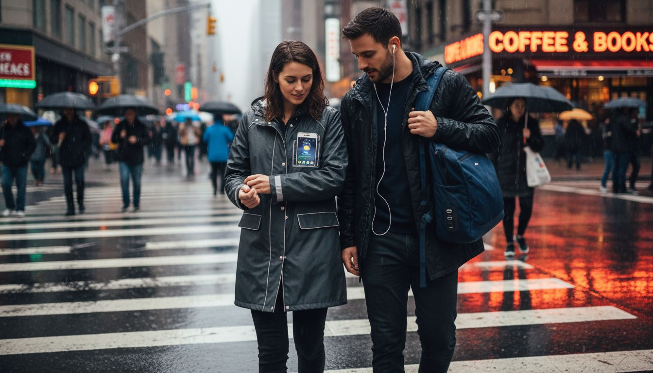 Urban commuters wearing smart apparel