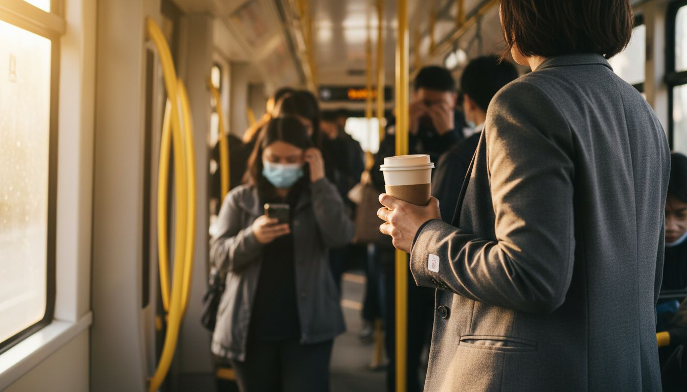 Woman wearing tech-enabled blazer on tram