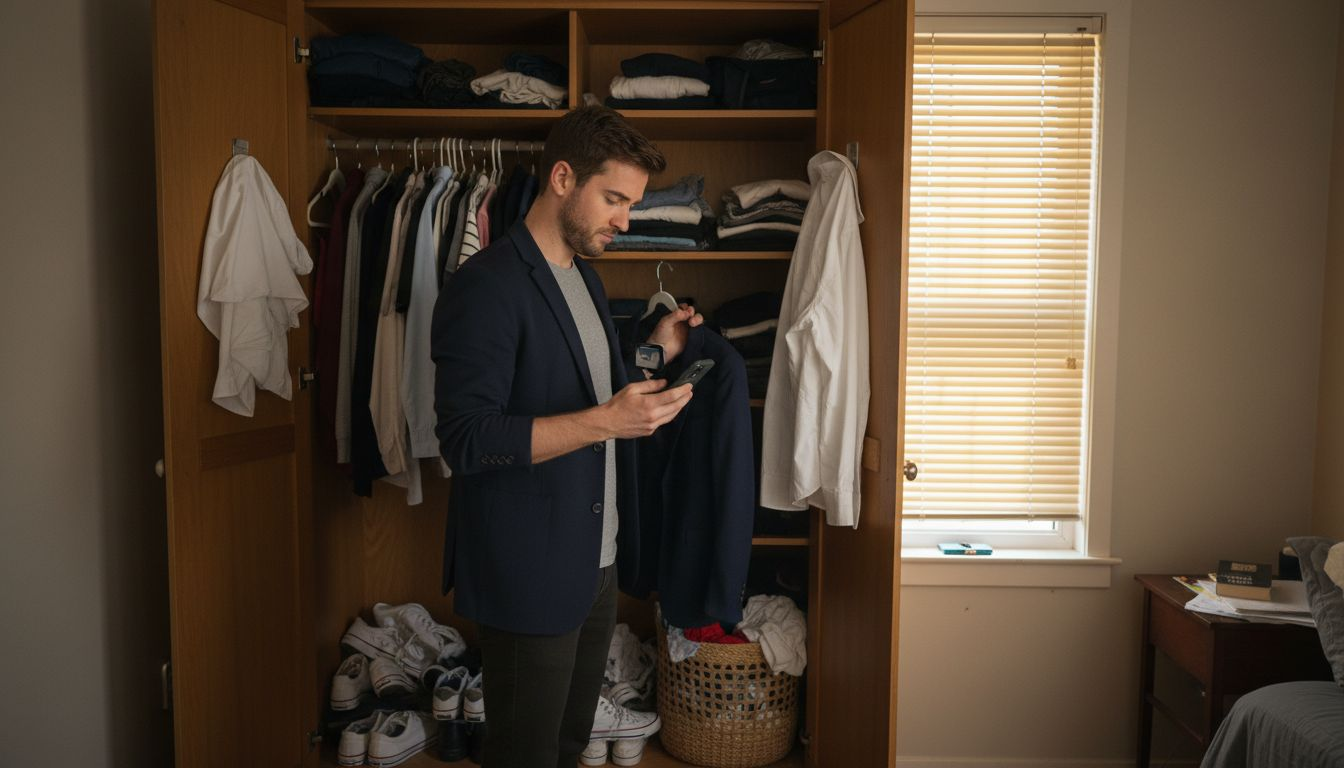 Man choosing tech-enabled clothing in apartment
