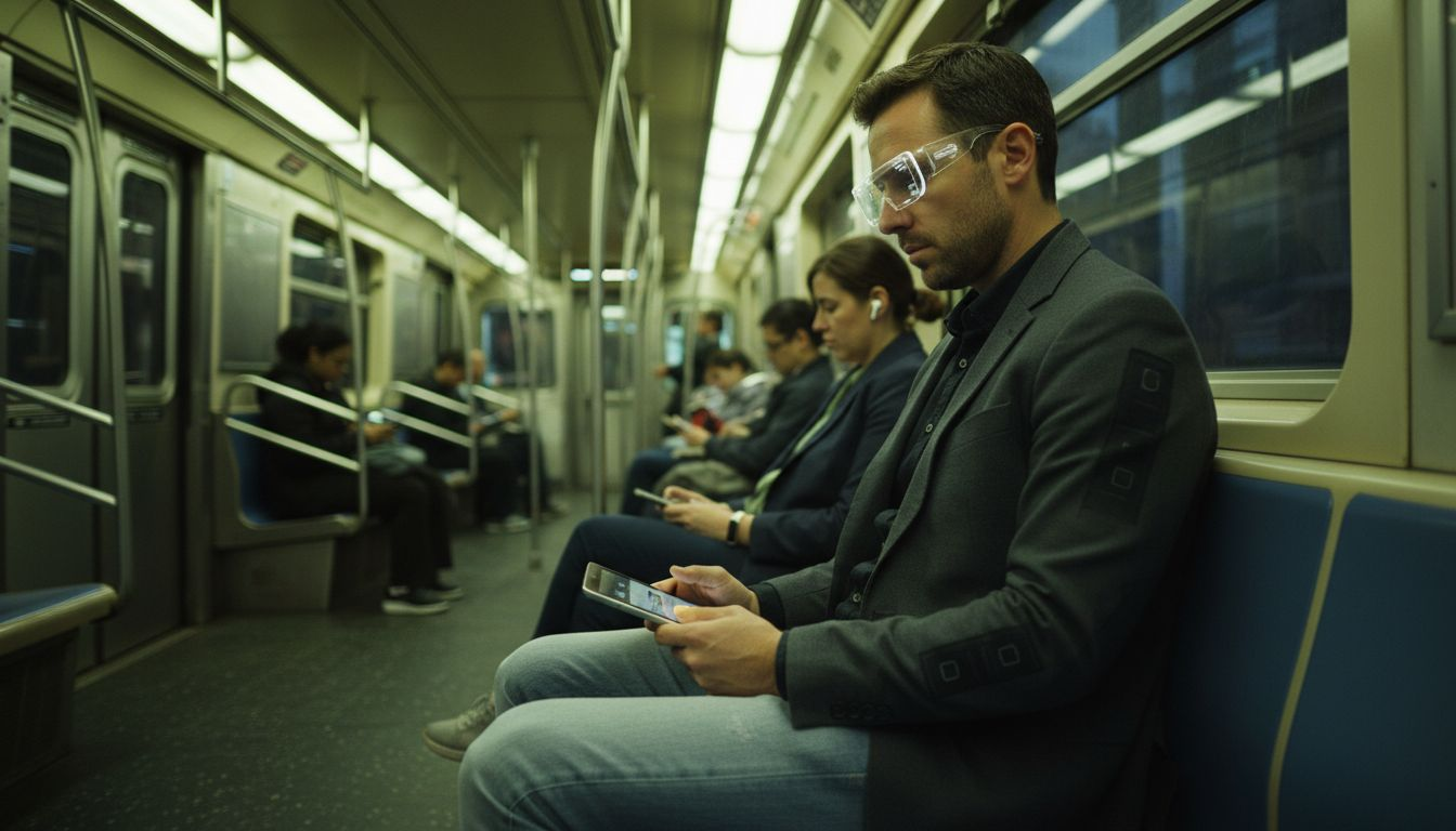 Commuter using wearable tech on subway