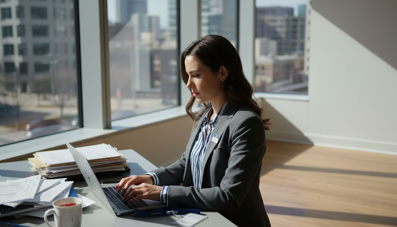 Woman wearing RFID-blocking blazer at desk