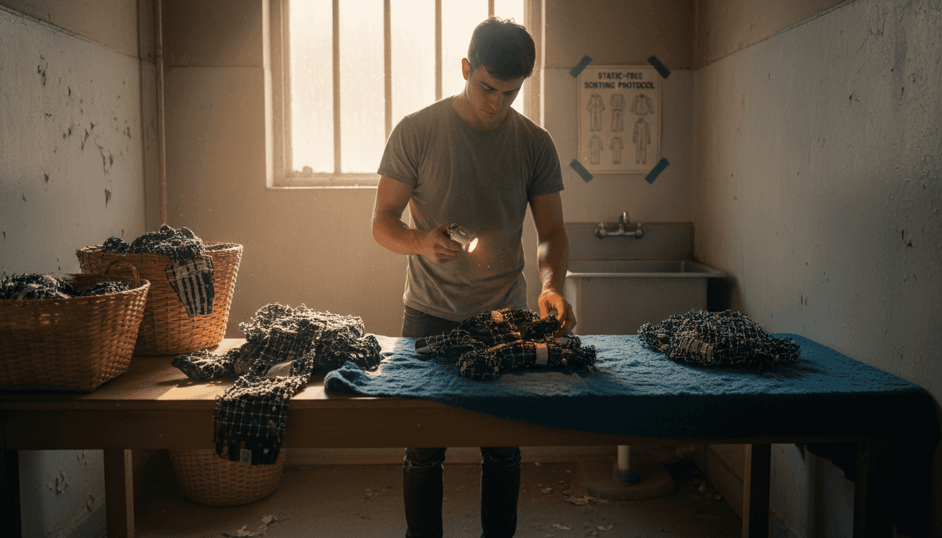 Technician sorting tech garments in prep room