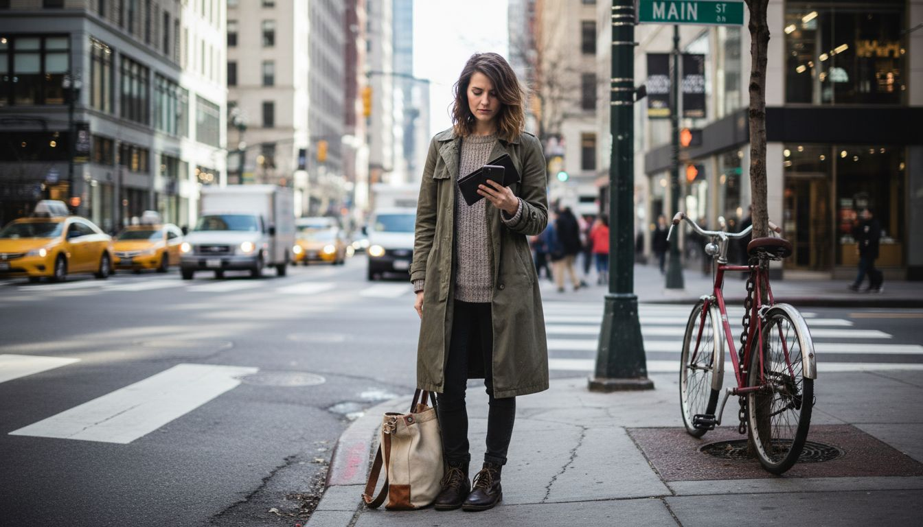 Woman holding RFID wallet on city street