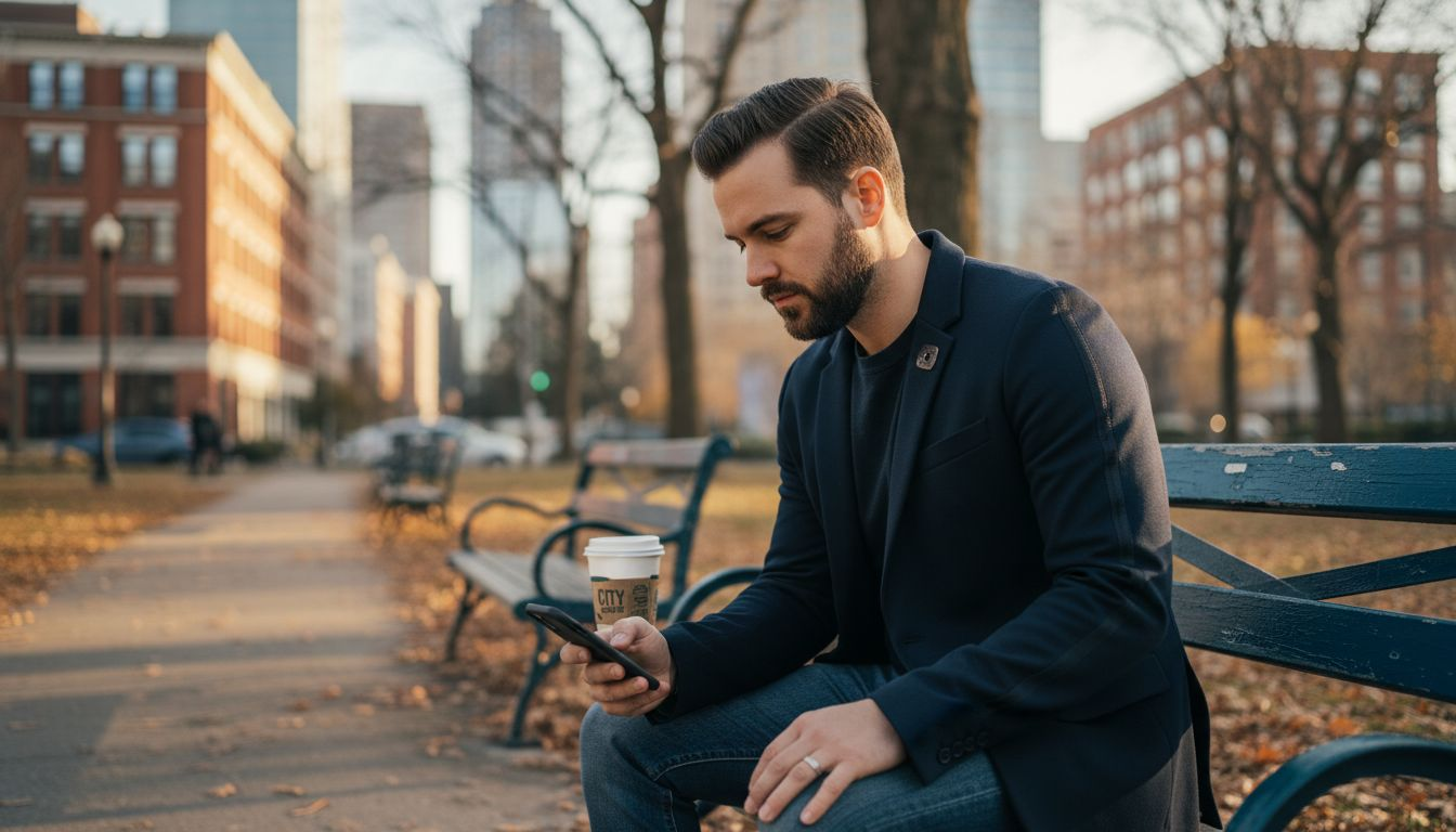 Smart jacket sensors visible in park bench scene