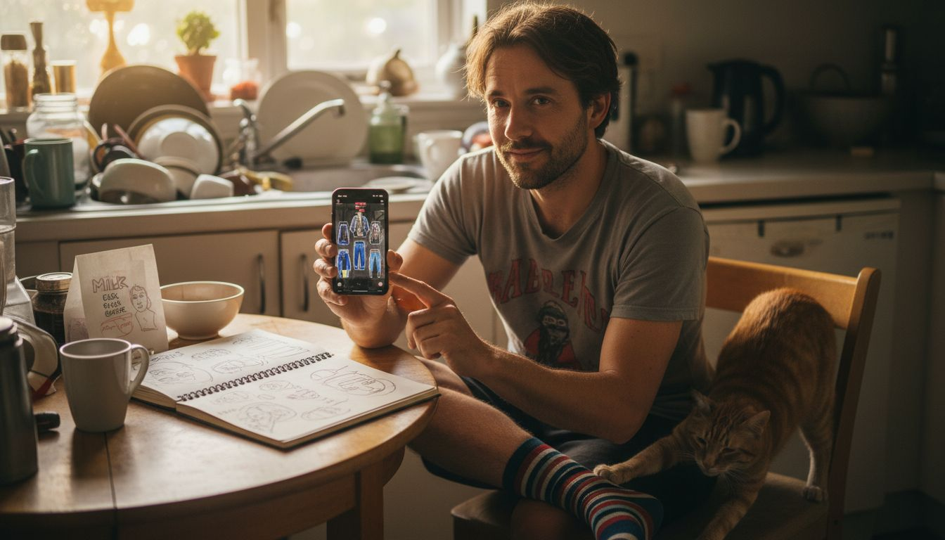 Man tries AR filter at kitchen table