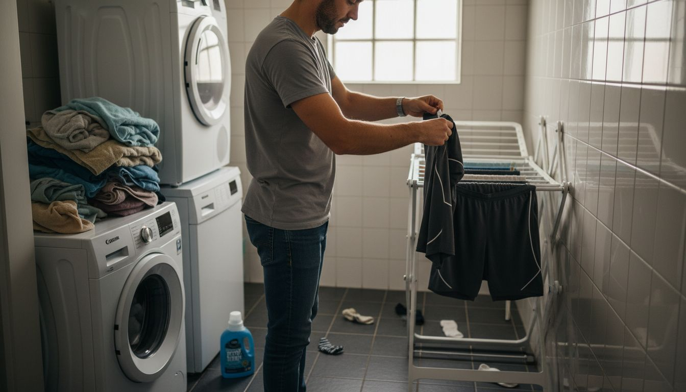 Man air-drying smart clothing in laundry room