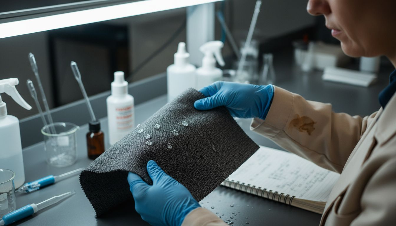 Engineer testing water-resistant fabric in lab
