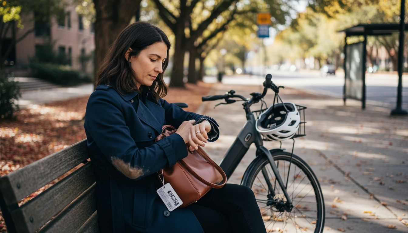 Woman checks connected accessories during commute