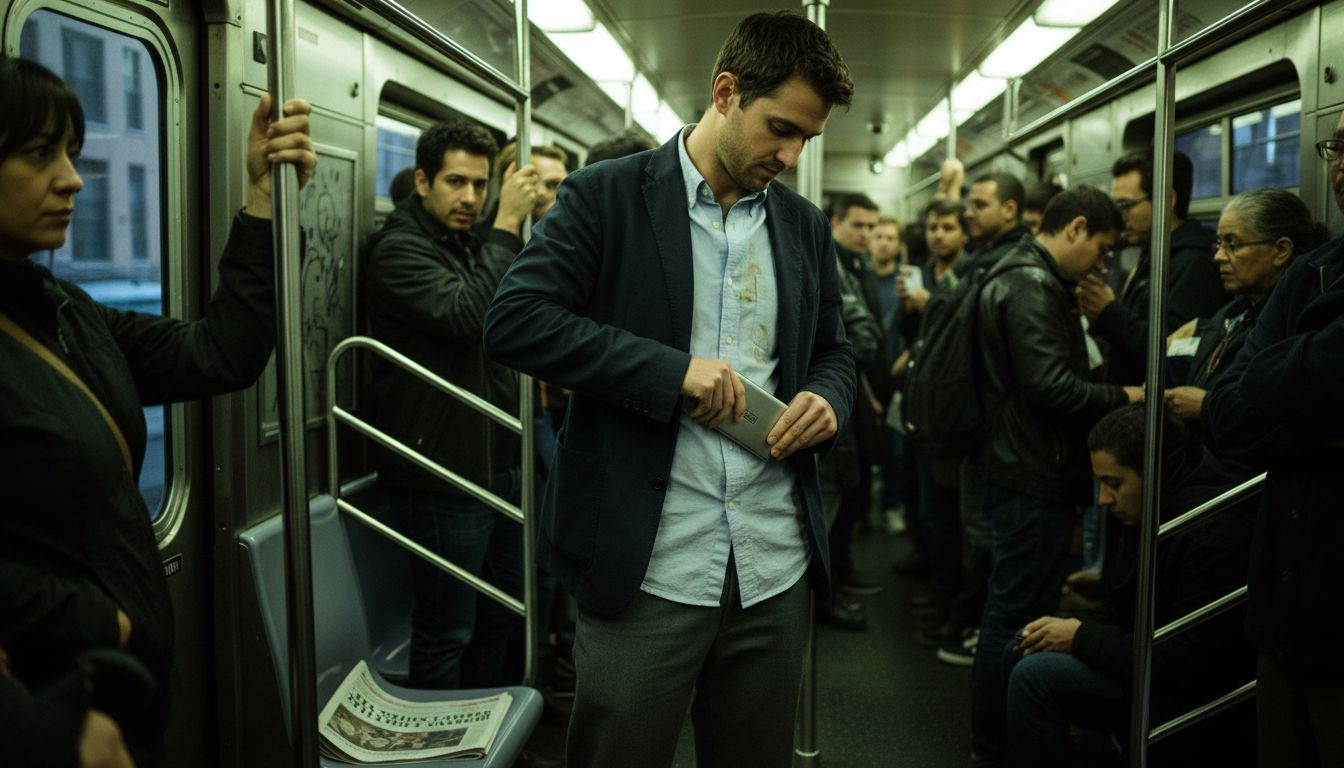 Man with RFID wallet in crowded subway