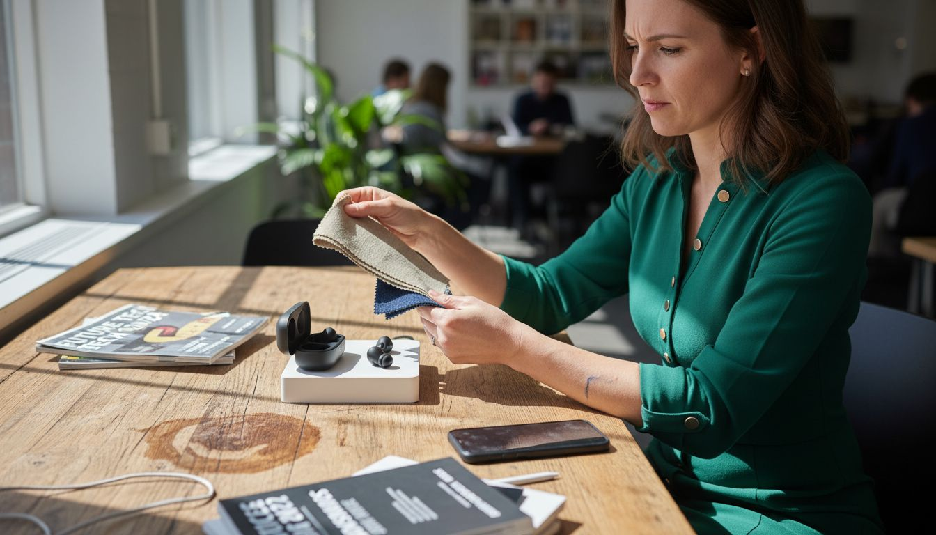 Woman evaluating tech fabrics and devices