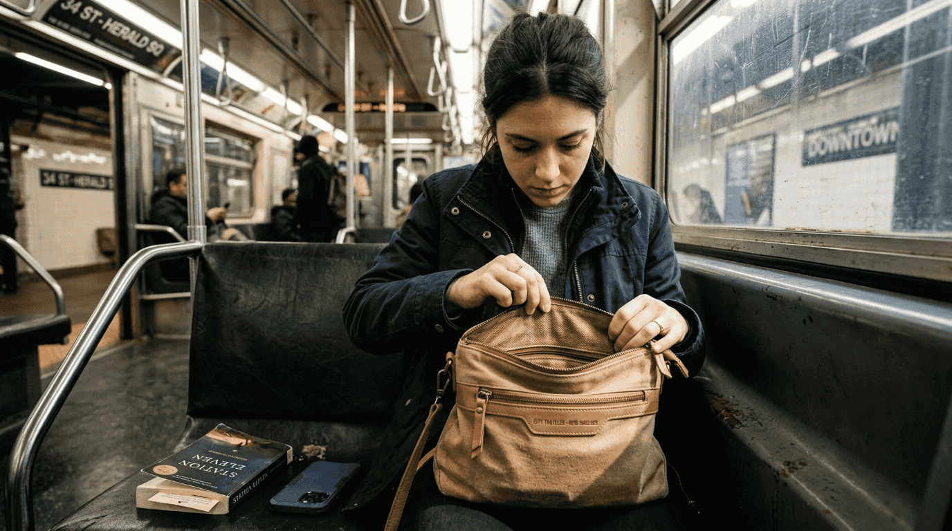 Woman checking RFID bag construction on subway