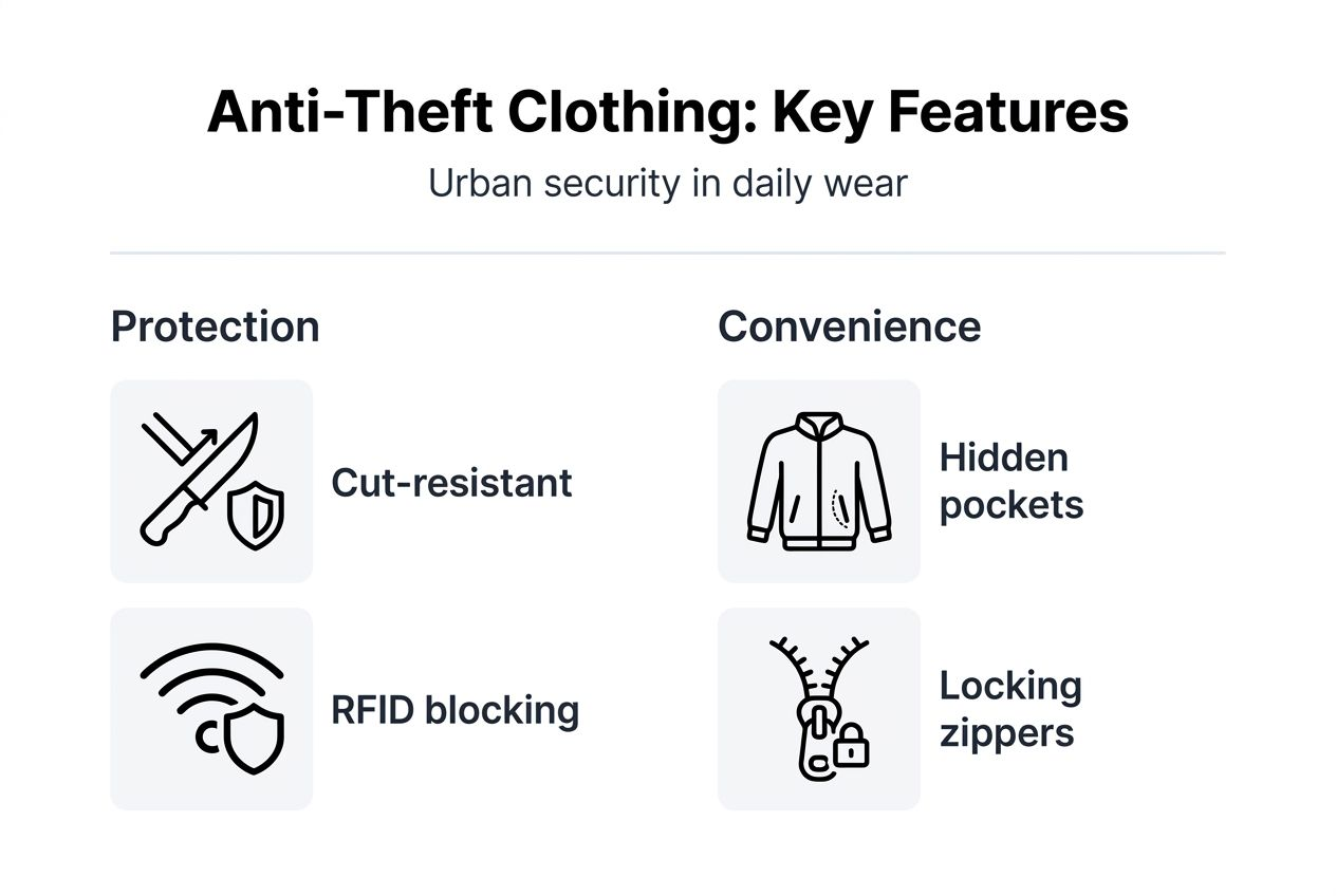 Infographic summarizing anti-theft clothing features and benefits