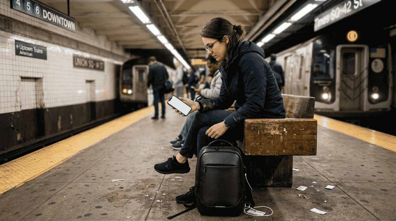 Woman checks smart bag on subway bench