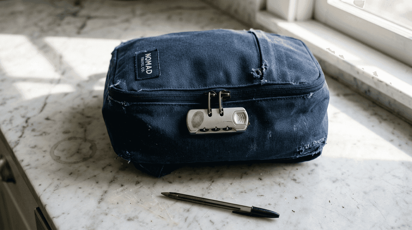 Close-up of backpack zipper lock on counter