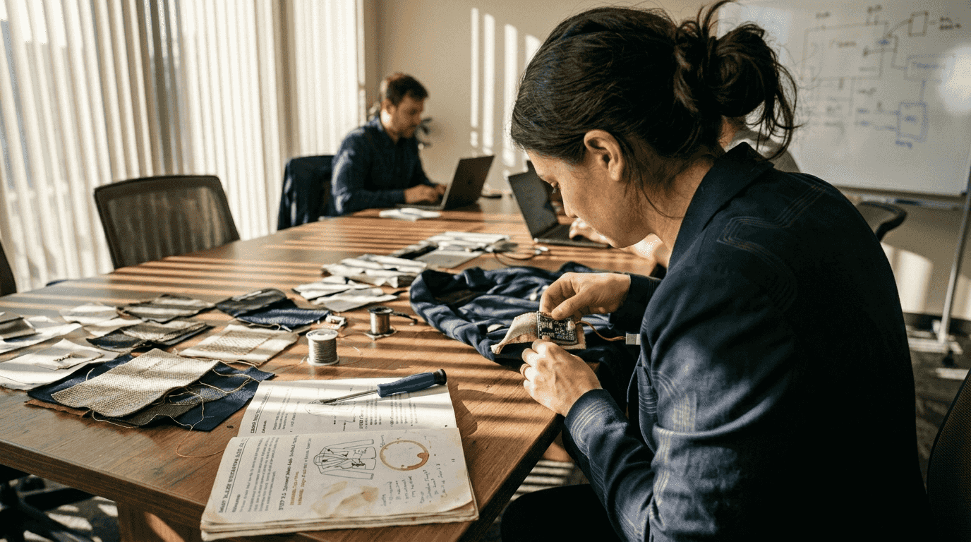 Woman assembling sensor on modular smart blazer