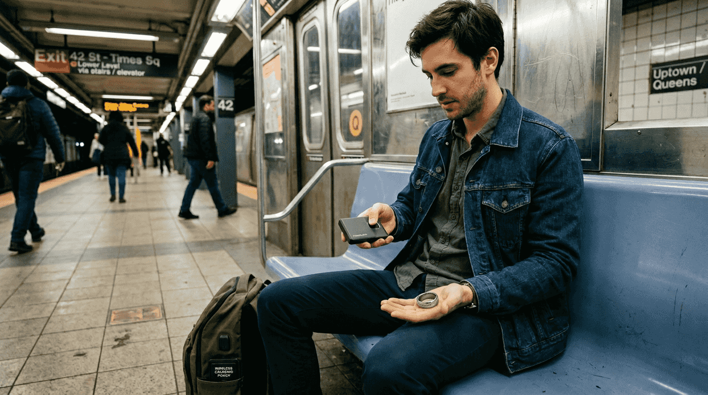 Man using biometric wallet on subway bench