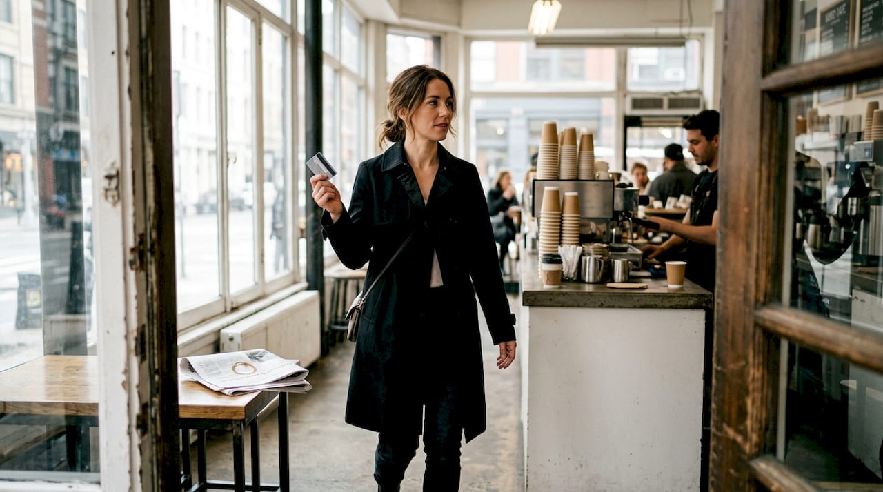 Woman in RFID-blocking trench entering café
