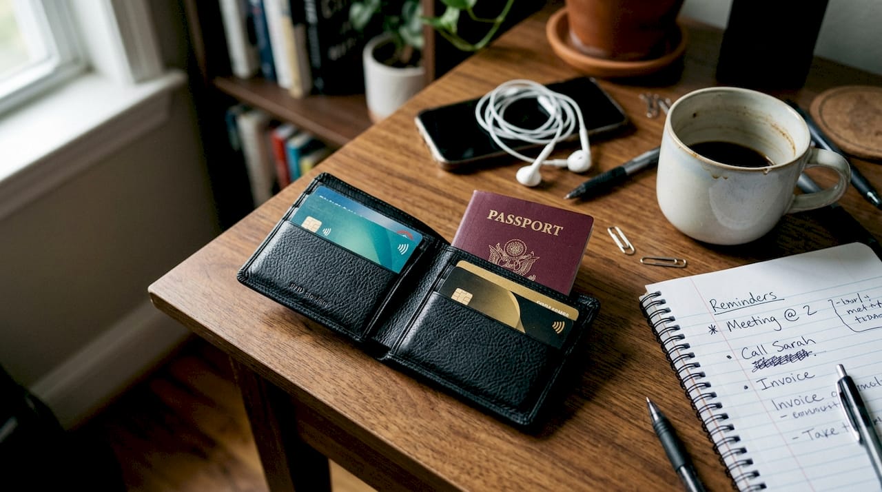 Open RFID-blocking wallet on home office desk