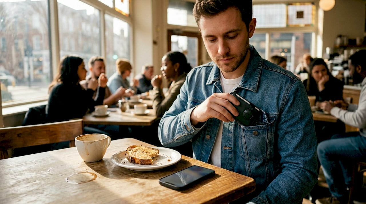 Man using smart wallet with tracker