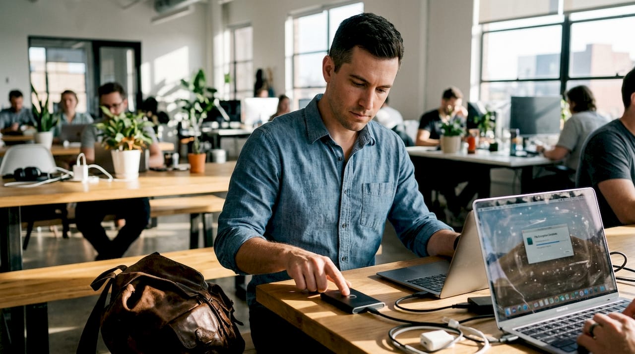 Man using fingerprint unlock on portable SSD