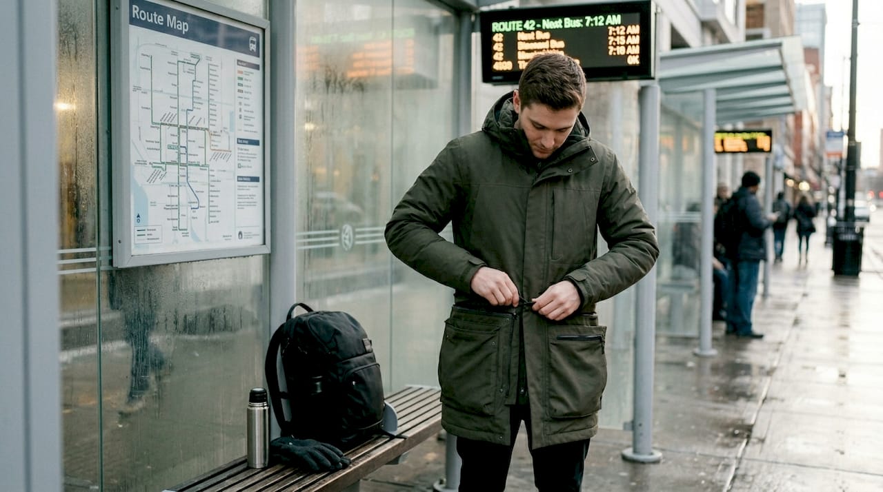 Commuter adjusting modular coat at bus stop