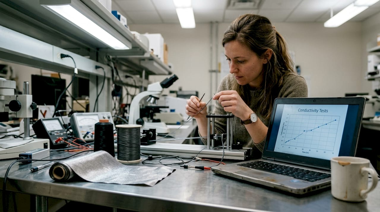 Engineer testing conductive textile fibers in lab