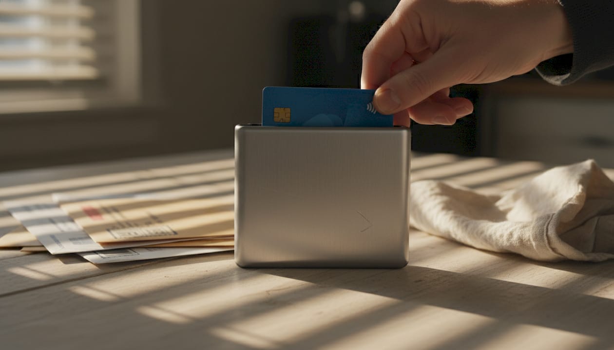 Hand inserting card into RFID wallet
