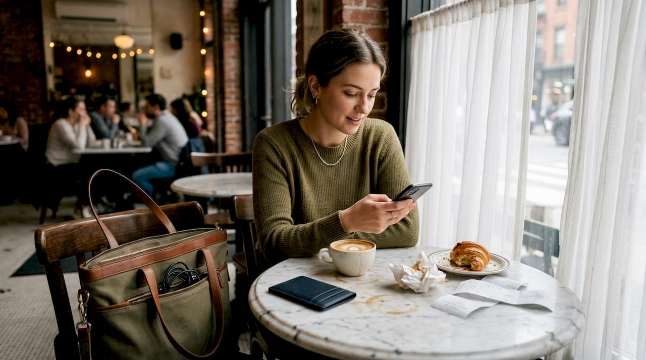Woman at café blending security accessories