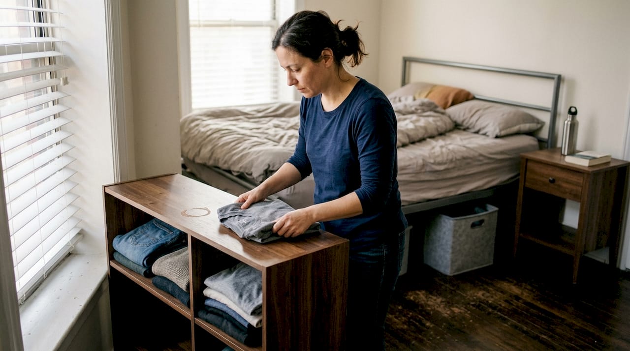 Woman managing a sustainable minimalist wardrobe at home