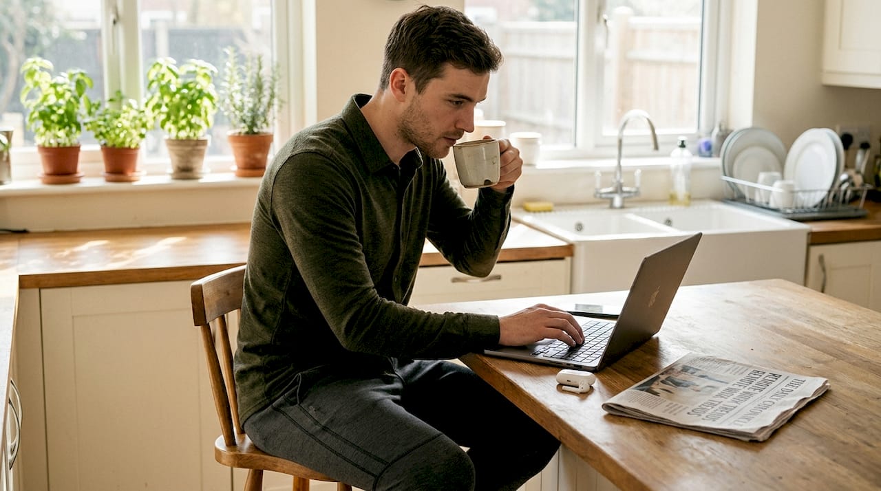 Man in casual smart shirt working in kitchen