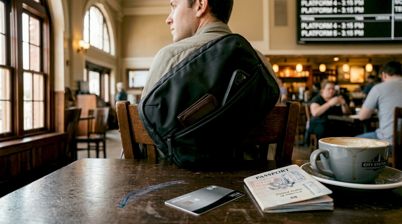 Anti-theft tech sling bag in café setting