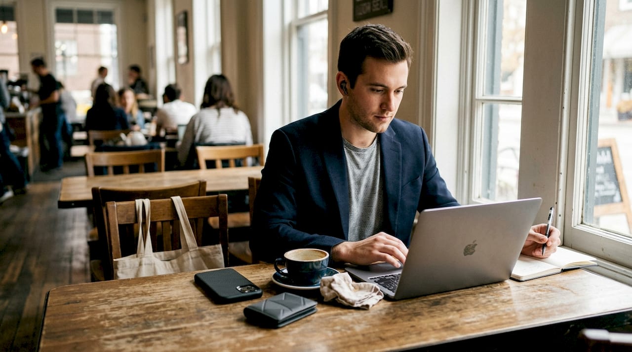 Man using stylish tech security accessories at café