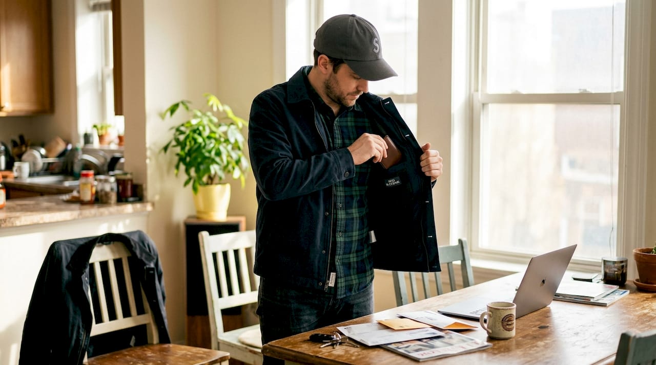 Man using RFID-blocking pocket at home