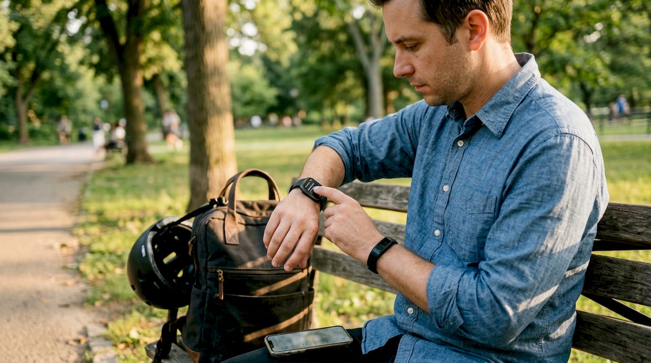 Man on park bench updates smartwatch firmware