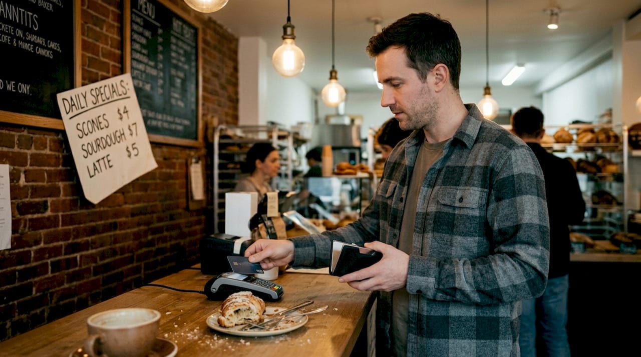 Man pays with RFID-blocking wallet in bakery