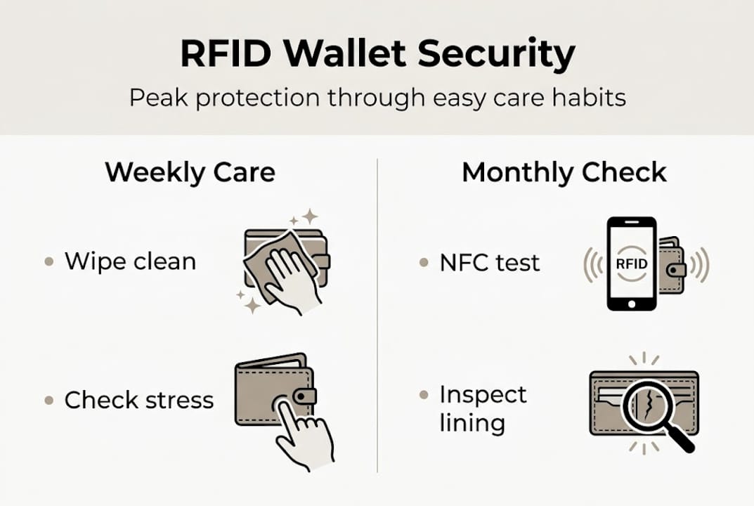 Infographic showing RFID wallet care steps