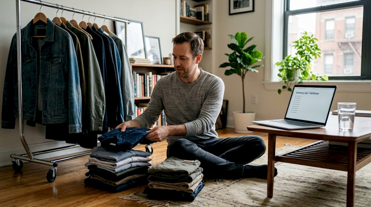 Man organizing clothes for wardrobe goals at home