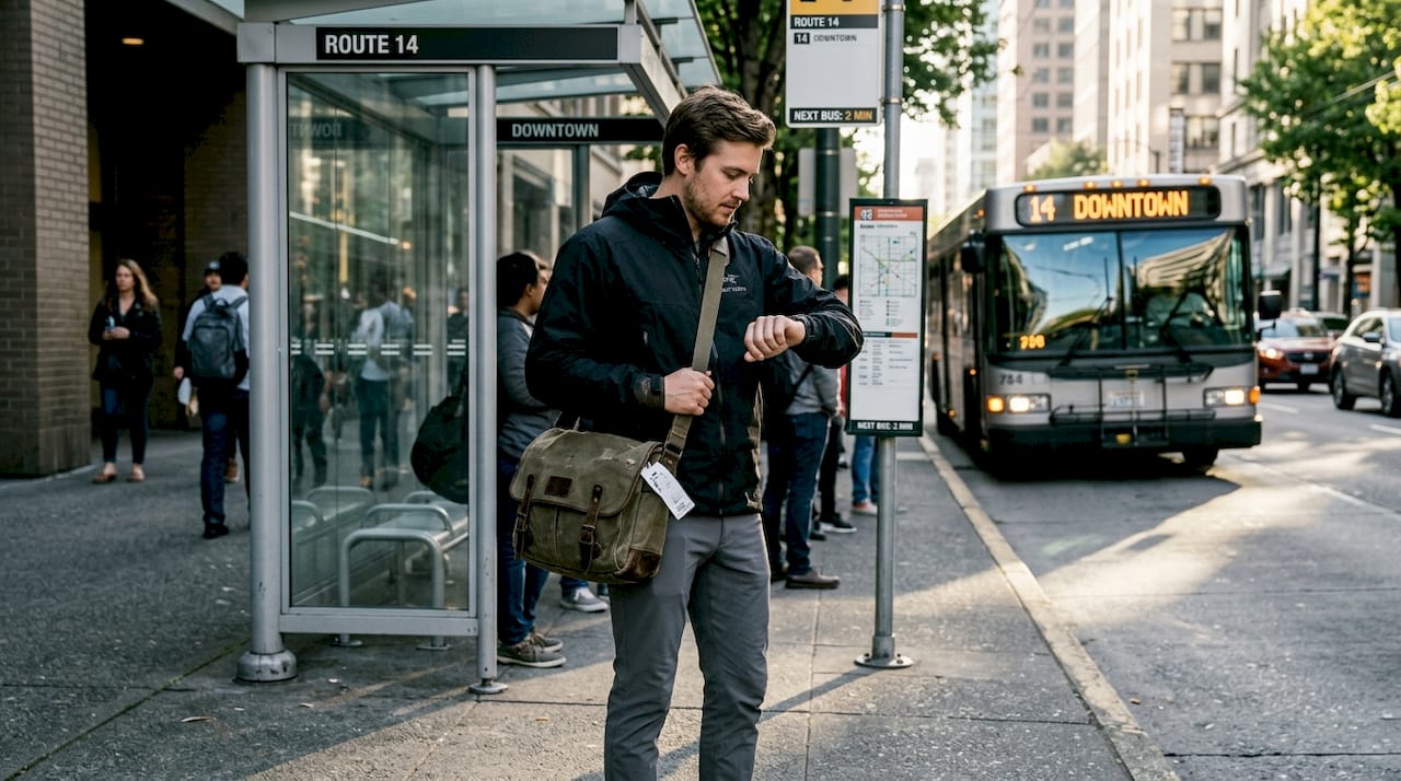 Commuter in techwear jacket at city bus stop