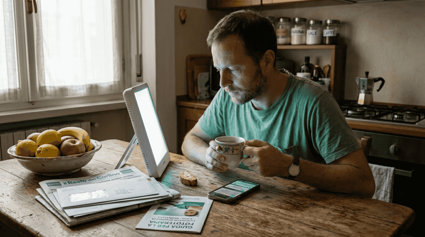 Man using a home phototherapy panel device